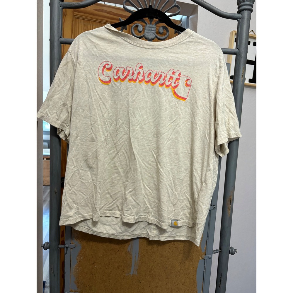 Carhartt Loose Fit Graphic Tee Oatmeal Heather Pink Orange Logo Shirt L 12-14